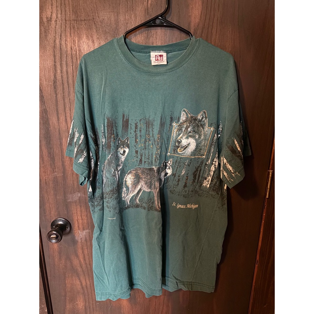 Vintage Art Unlimited Wolf All Over Print Shirt XXL Teal St Ignace Michigan Tee